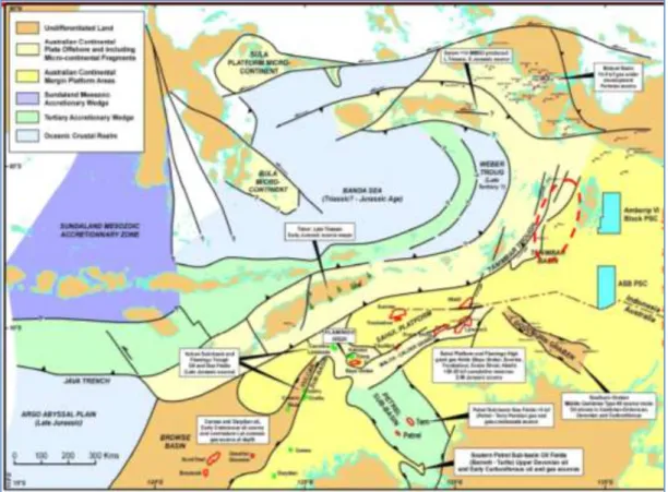Gambar 3. Latar tektonik di wilayah penelitian secara regional merupakan bagian dari  tepi lempeng benua Australia dengan kondisi sejarah struktur geologi yang kompleks 