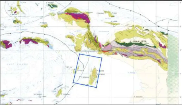 Gambar 5. Lokasi penelitian dengan latar kompilasi peta geologi darat dan struktur  geologi regional (modifikasi PSG, 2011)