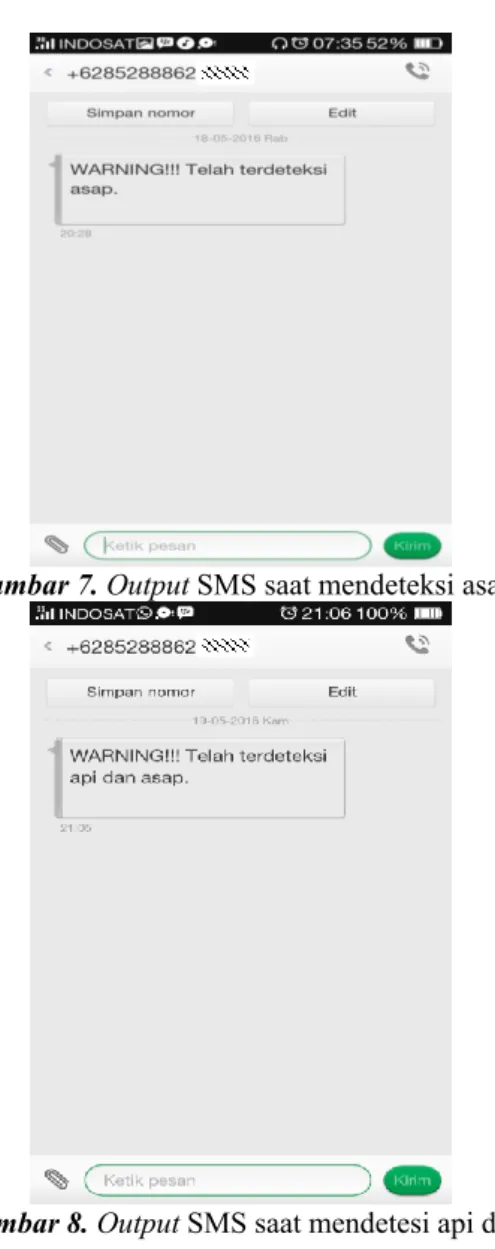 Gambar 7. Output SMS saat mendeteksi asap 