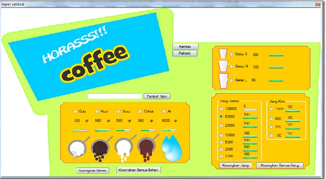 Gambar berikut ini merupakan tampilan aplikasi menu utama dan isi stok pada  desain mesin kopi  otomatis : 