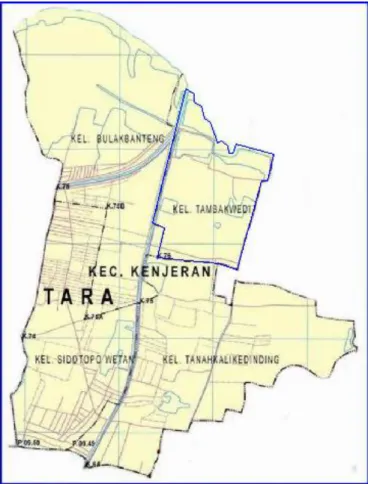Gambar 3. 8 Peta Kelurahan Tambakwedi, Kecamatan Kenjeran  Lokasi perencanaan IPAL terletak di Kelurahan Tambakwedi yang  terletak  di  Jalan  Tambak Wedi Tengah  Timur  1  pada  koordinat   -7.214402S,112.7777150E  yang  merupakan  lahan  terbuka  milik  