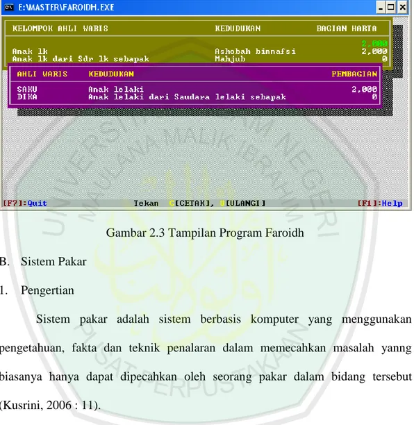 Gambar 2.3 Tampilan Program Faroidh  B.  Sistem Pakar 