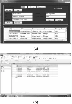 Gambar 17. Tampilan data buku koleksi (a) form  GUI, (b) data base yang terkoneksi system 