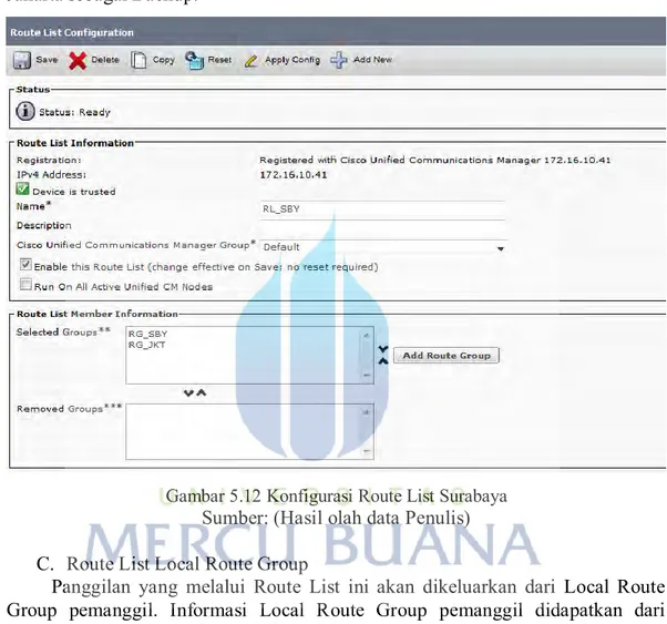 Gambar 5.12 Konfigurasi Route List Surabaya  Sumber: (Hasil olah data Penulis)  C.  Route List Local Route Group 