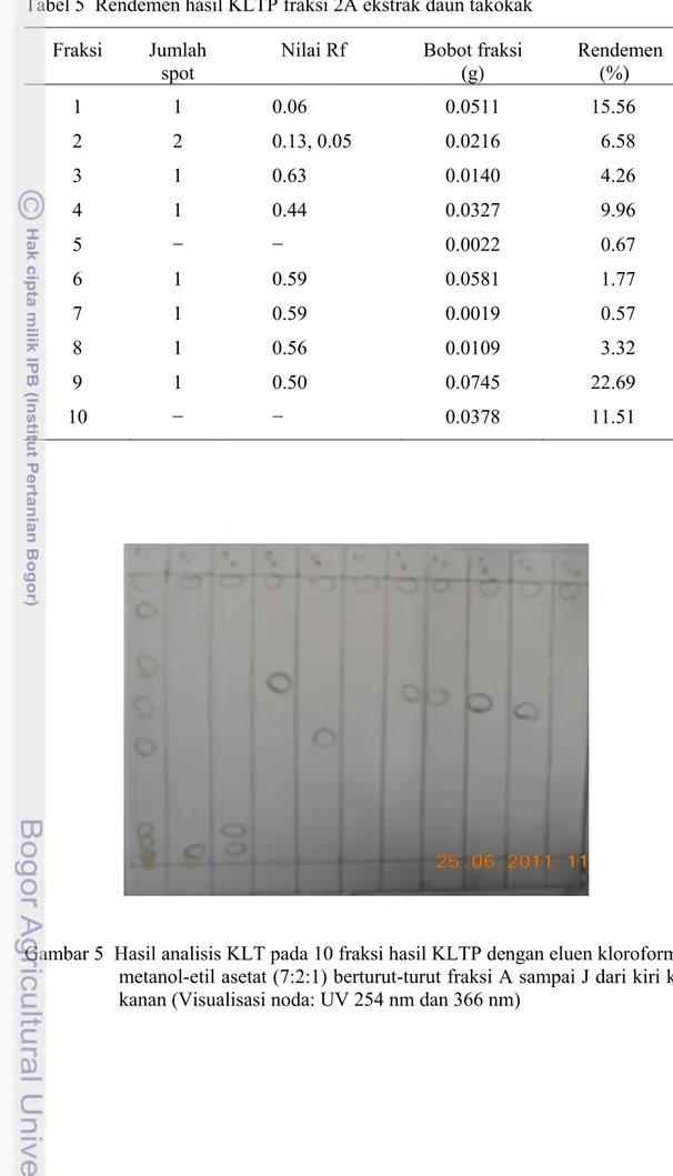 Tabel 5  Rendemen hasil KLTP fraksi 2A ekstrak daun takokak  Fraksi Jumlah 