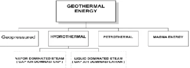 Gambar 1 Jenis-jenis sumber energi panas bumi  Jenis  yang  paling  banyak  digunakan  dalam  PLTP  di  dunia  adalah  hydrothermal