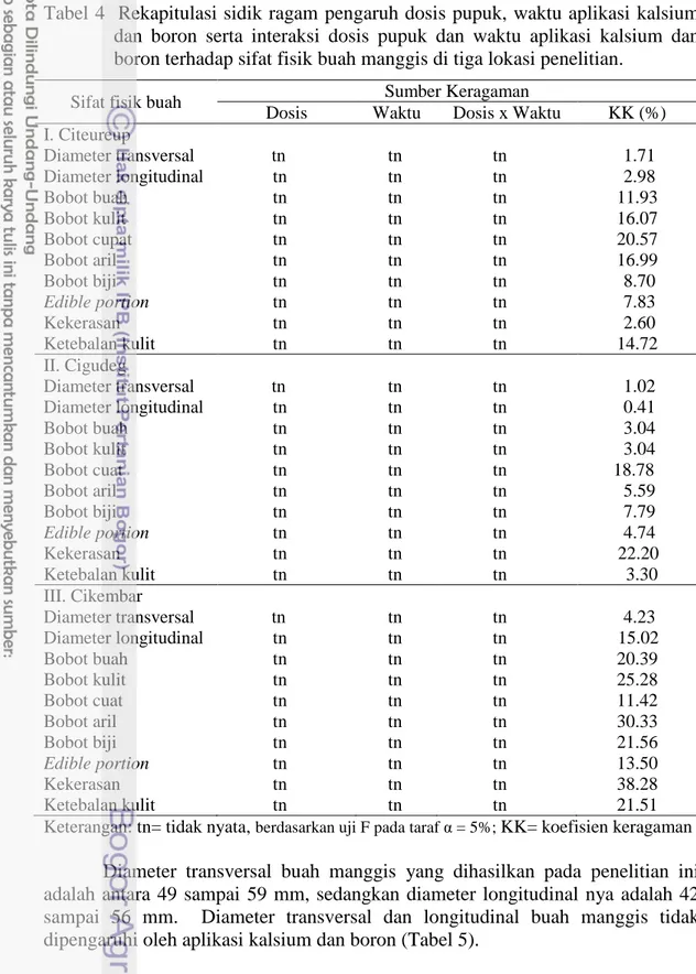 Tabel 4  Rekapitulasi sidik ragam  pengaruh dosis pupuk, waktu aplikasi kalsium   dan  boron  serta  interaksi  dosis  pupuk  dan  waktu  aplikasi  kalsium  dan  boron terhadap sifat fisik buah manggis di tiga lokasi penelitian