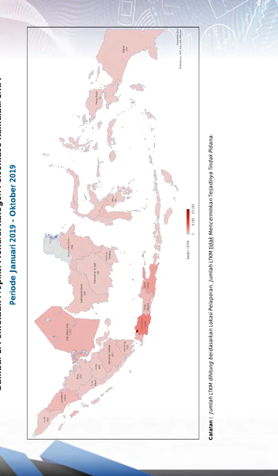 Gambar 1. Pemetaan Propinsi Menurut Kategori Persentase Kumulatif LTKM  Periode Januari 2019 - Oktober 2019  LTKM Menurut Provinsi Kejadian Terlapor Januari 2003 s.d