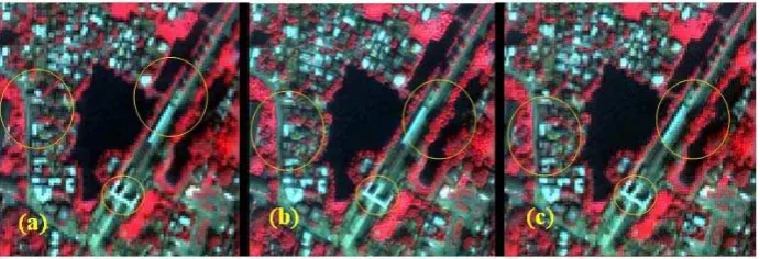 Figure 6. Results of the false color composite of the QuickBird image: (a) composite of the 2-3-4 bands of the original MS images, and the results of different fusion techniques, with (b) CS and  (c) MRA     
