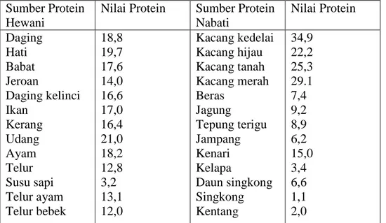 Tabel 2.1Nilai Protein Berbagai Bahan Makanan (gram/100 gram)  Sumber Protein 