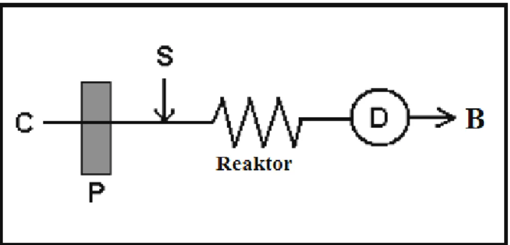 Gambar 2. 3: Skema dasar FIA (C=Carrier; P=Pompa; S=Sampel ;  D=Detektor ; B=Buangan) 