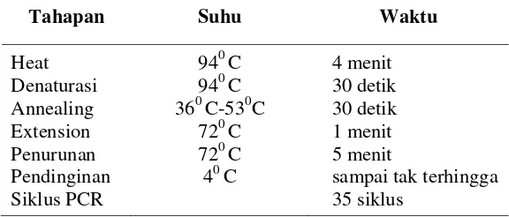 Tabel 4. Suhu yang digunakan pada proses Polymerase Chain Reaction (PCR) 