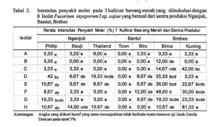 Tabel 2. Intensitas penyakit moler pada -7 kultivar bawang merah yang diinokulasi dengan 8 Isolat Fusarium oxysporum f.sp