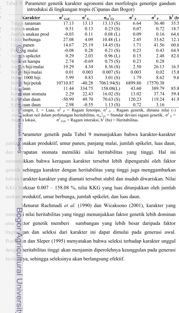 Tabel 9. Parameter genetik  karakter agronomi dan morfologis genotipe gandum  introduksi di lingkungan tropis (Cipanas dan Bogor)