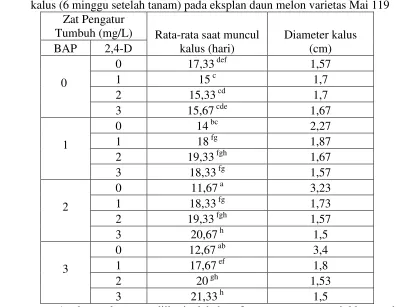 Tabel 1 Pengaruh penambahan BAP dan 2,4-D terhadap saat muncul kalus dan diameter kalus (6 minggu setelah tanam) pada eksplan daun melon varietas Mai 119 