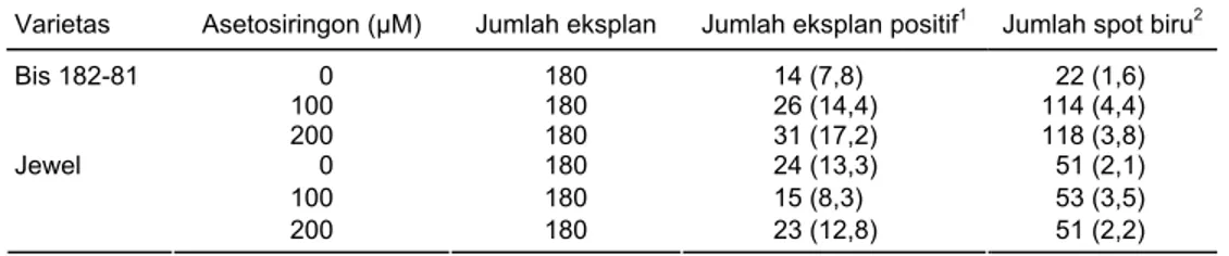 Tabel 1.  Uji ekspresi gen gus pada transformasi ubi jalar Bis 182-81 dan Jewel dengan gen CP-SPFMV 