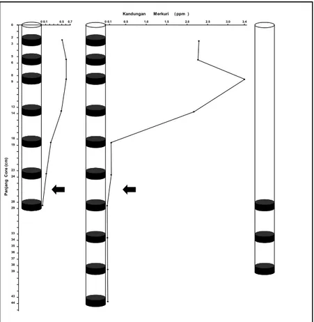Gambar 5. 3.Sebaran  vertikal   kandungan   merkuri   dalam  core  sedimen  (●  =  sampel/lapisan  dianalisis,  panah = lapisan pertama dengan merkuri &gt; 0,1  ppm, Rifardi et al., 1998) 