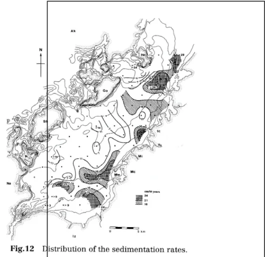 Gambar 5. 4. Sebaran  kecepatan  sedimentasi  Laut  Yatsushiro  Jepang (Rifardi et al., 1998) 