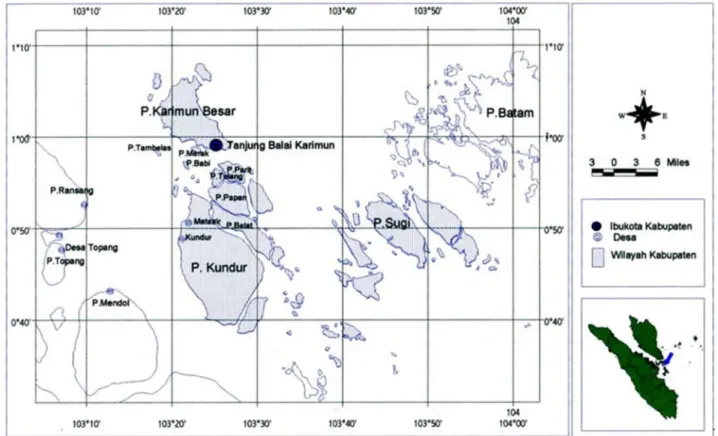 Gambar 6. 1.  Perairan  Laut  Paya  terletak  di  Pesisir  Pulau  Kundur  Kabupaten  Karimun  Propinsi  Kepulauan Riau Indonesia (PKSPL, 2001) 