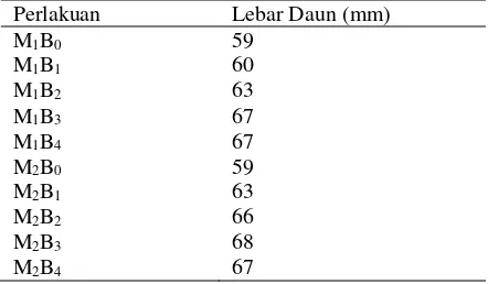 Tabel 3. Data hasil pengukuran rerata lebar daun kacang panjang akibat perbedaan jenis mulsa dan perlakuan bokashi  
