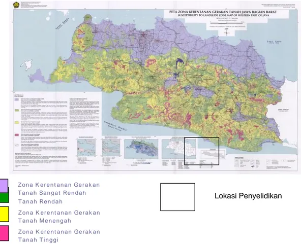 Gambar 3. Peta Zona Kerentanan Gerakan Tanah Jawa Bagian Barat (Djadja &amp; Darsoatmodjo, 2009)