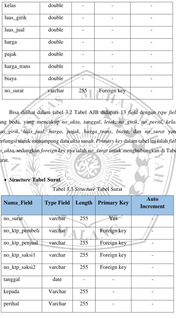 Tabel 3.3 Structure Tabel Surat 