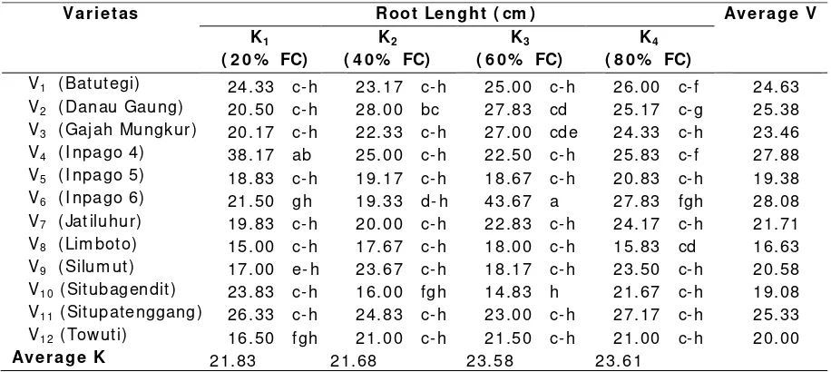 Table 1.  Root Lenght of Upland Rice Varieties  at  30 days After Planting on Several Soil Moisture Gradient 