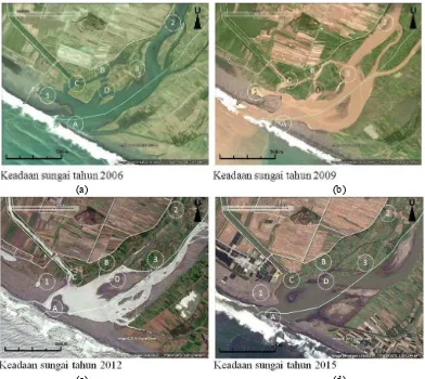 Gambar 2. Perubahan-perubahan kondisi muara sungai Progo berdasarkan citra satelit Google Earth pada musim kemarau tahun 2006, 2010, 2012 dan 2015 (keterangan gambar secara detail tersaji pada Tabel 1)
