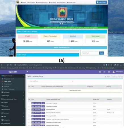 Gambar 3 (a) Laman website OpenSID desan Taman Sari, (b) Fitur laman pelayanan Sistem  Informasi Desa dengan OpenSID 