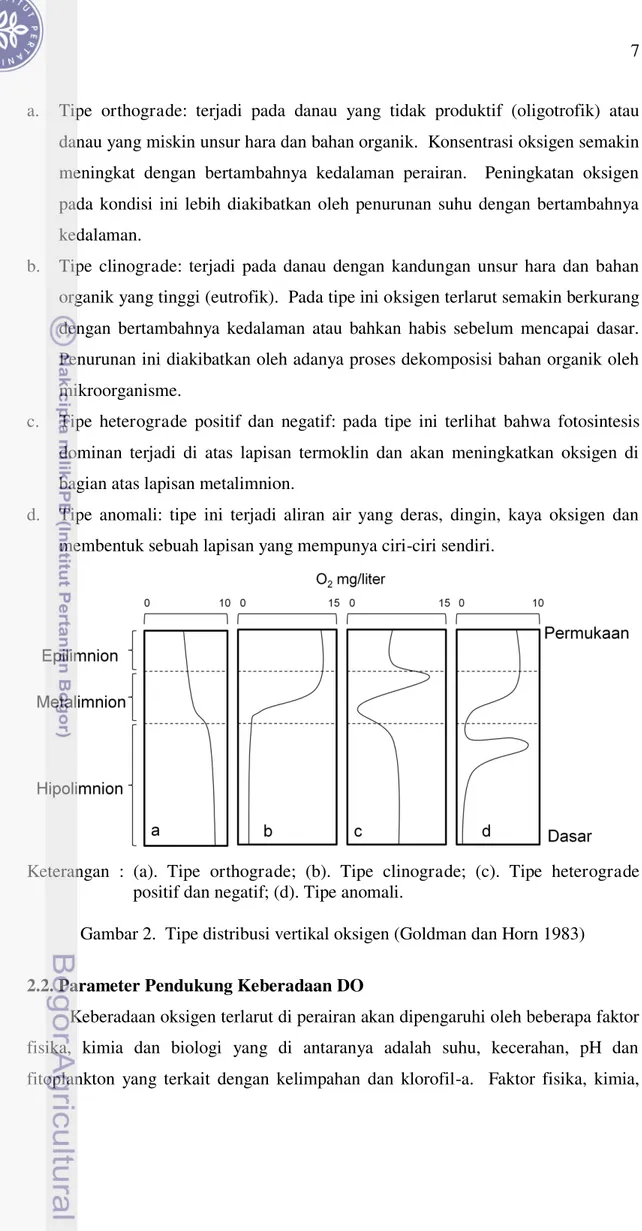 Gambar 2.  Tipe distribusi vertikal oksigen (Goldman dan Horn 1983) 