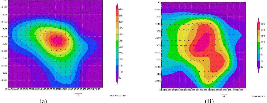 Gambar 5. Pola dispersi spasial PM10 bulan Agustus 2014 pada (a) pk 11.00 WIB dan (b) pk 05.00 WIB