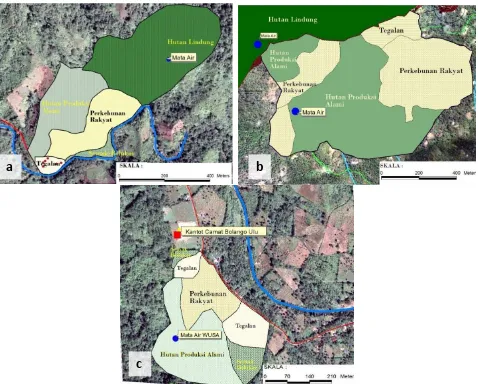 Gambar 2.  Tipe penggunaan lahan; (a) lokasi 1 (Desa Meranti); (b) lokasi 2 (Desa Dulamayo Selatan); dan (c) lokasi 3 (Desa Mongiilo)