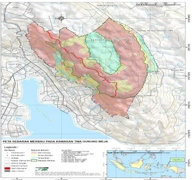 Gambar 1. Peta area sebaran alam pohon merbau (Intsia bijuga OK.) di TWA Gunung Meja Manokwari (Sumber: Sirami dkk., 2014)