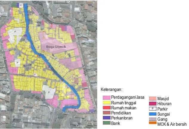 Gambar 5. Tata Bangunan dan Lahan Kawasan Perkampungan Braga.  (Sumber: Kusbandiah, 2006 direkonstruksi kembali oleh penulis; Google Earth, 2011) 