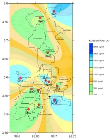 Gambar 1. Peta Isophlet Konsentrasi  Karbon Monoksida di Kota Medan 