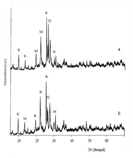 Gambar 3.  Difraktogram sinar-X sampel (a) zeolit termodifikasi propilamin dan (b) zeolit termodifikasi CTAB