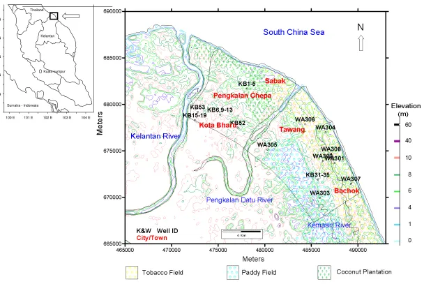 Figure 1. The map showing the location of wells, contour of topography (line with different color), river (colored blue word), town (colored red word) and the land uses (Modified after Mineral Geoscience Malaysia)