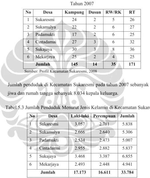 Tabel 5.2 Jumlah Kampung, Dusun, RW, dan RT di Kecamatan Sukaresmi,   Tahun 2007 