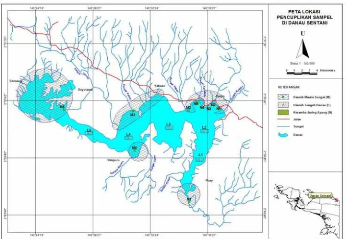 Gambar 1. Peta lokasi pencuplikan sampel di Danau Sentani 
