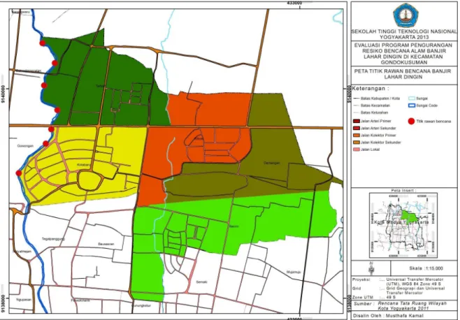 Gambar 3. Titik Lokasi Potensial Genangan Tinggi Banjir Lahar Dingin di Kelurahan Terban dan Kelurahan Kotabaru  (Silfana, 2013) 