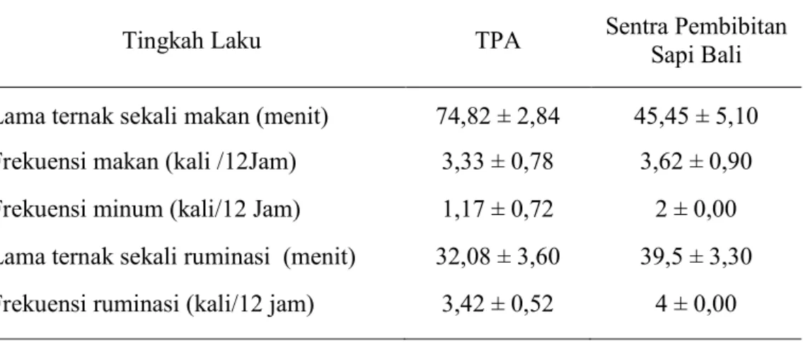 Tabel 2. Tingkah laku makan ( Feeding Behaviour) ternak sapi yang dipelihara di TPA Desa  Pedungan dan Sentra Pembibitan Sapi Bali di Sobangan 