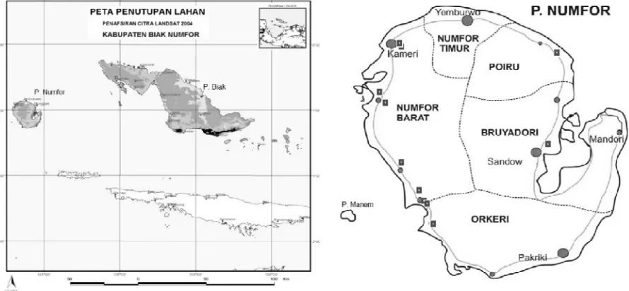 Gambar 1. Lokasi Penelitian di 5 distrik yang ada di Pulau Numfor, Kabupaten Biak Numfor, Provinsi Papua, yakni Numfor Timur, Numfor Barat, Orkeri, Bruyadori, dan Poiru