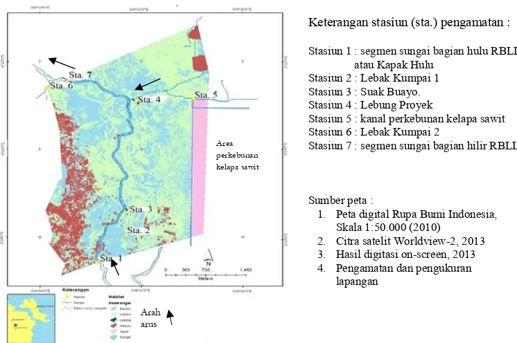 Gambar 1. Lokasi penelitian di area rawa banjiran Lubuk Lampam. Tabel 1. Hubungan antara rata-rata curah hujan (mm) dan ketinggian muka air pada masing-masing stasiun pengamatan