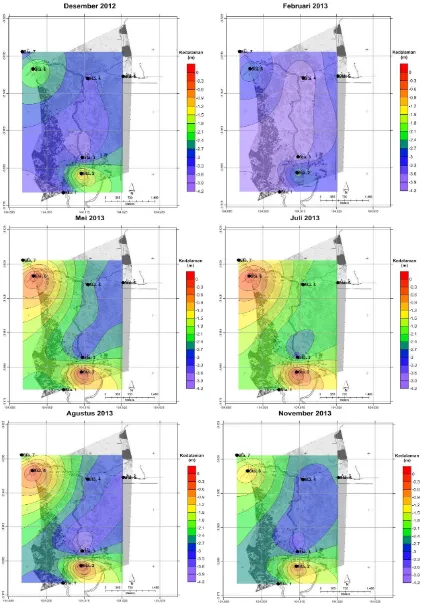 Gambar 3. Profil kedalaman air di area RBLL dari Bulan Desember 2012, Februari 2013, Mei 2013, Juli 2013, Agustus 2013 dan November 2013 (Garis antar warna dalam peta menunjukkan area dengan kedalaman yang sama atau isodepth)
