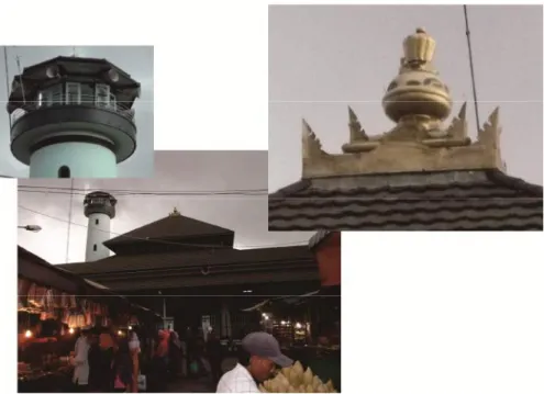 Gambar  4. menara, atap masjid dan simbol mahkota di atas masjid Ampel   (sumber : foto pribadi, Februari 2015) 