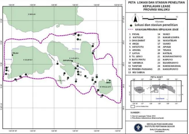 Gambar 1. Peta sebaran 25 lokasi pasi di perairan Kepulauan Lease. 