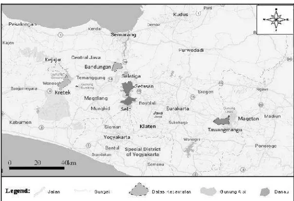 Gambar 3: Lokasi pengambilan sampel P. xylostella di Kecamatan Getasan, Ngablak, Pakis, Sawanganyang terpapar emamektin benzoat pada peta Kabupaten Magelang.
