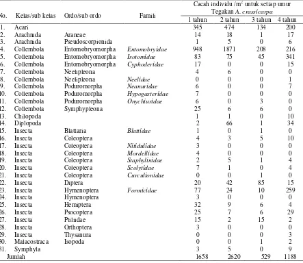 Tabel 1. Kelimpahan dan struktur komunitas fauna tanah pada lantai hutantahun A. crassicarpaumur 1, 2, 3 dan 4 
