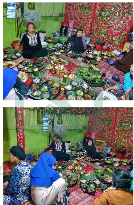Foto  1  dan  2:  Gambar  beberapa  orang  ibu  rumah  tangga  yang  sedang  menyiapkan  sesajian atau hidangan yang siap untuk dibacakan doa