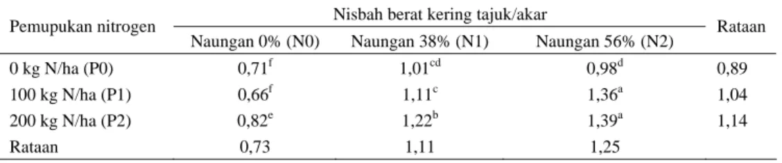 Tabel 7.  Interaksi naungan dan pemupukan nitrogen terhadap nisbah berat kering ajuk/akar rumput  P